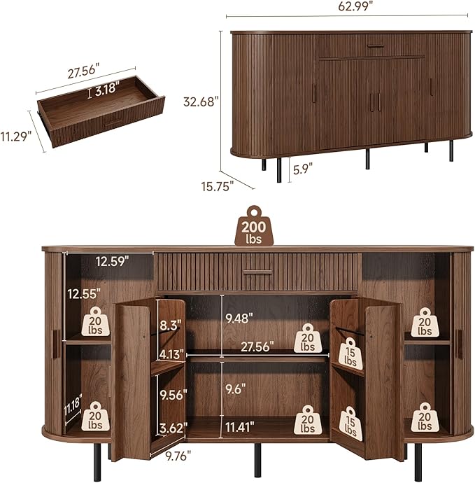 ONBRILL 63“ Sideboard Buffet Cabinet with Storage, Sideboard with 1 Drawer & 2 Door Shelves, Mid-Century Modern Kitchen Cabinets with Sliding Door, Coffee Bar Cabinet for Kitchen, Living Room, Walnut