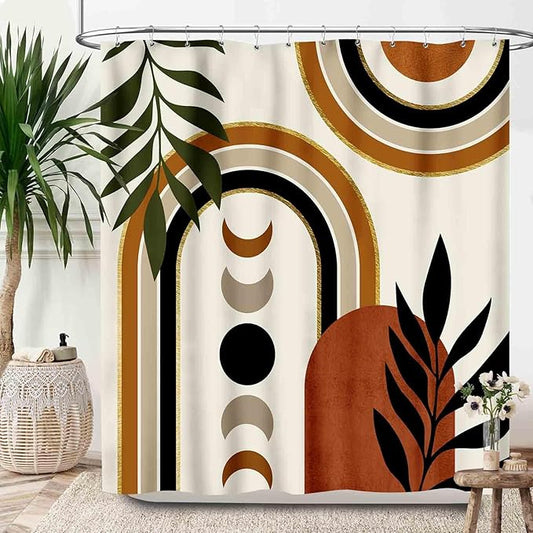 Bohemian Leaf Shower Curtain,Mid Century Abstract Tropical Plant Minimalist Modern Geometric Palm Leaf Simple Waterproof Fabric Bathroom Shower Curtain Set with Hooks,72x72Inch