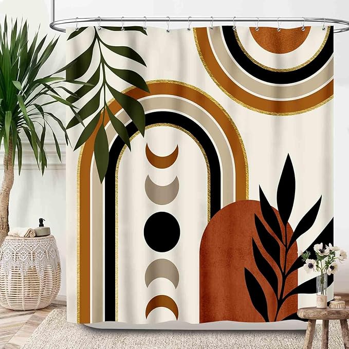 Bohemian Leaf Shower Curtain,Mid Century Abstract Tropical Plant Minimalist Modern Geometric Palm Leaf Simple Waterproof Fabric Bathroom Shower Curtain Set with Hooks,72x78Inch
