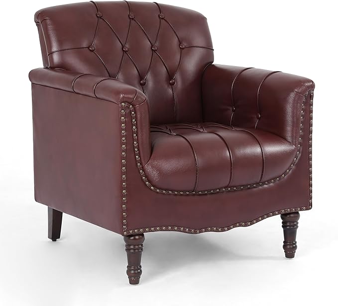 UIXE Faux Leather Accent Chair for Living Room, Tufted Arm Chair Retro Upholstered Club Armchair with Solid Wood Legs - Dark Red, Set of 2
