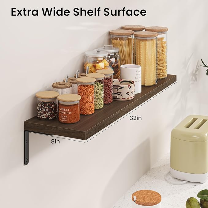 Marsmiles Extra Wide Floating Shelves for Wall, 32x8 Inch Natural Wood Grain Bookshelves, Heavy Duty Mounted Shelving for Bathroom, Kitchen, Living Room, Bedroom,Set of 2，Walnut