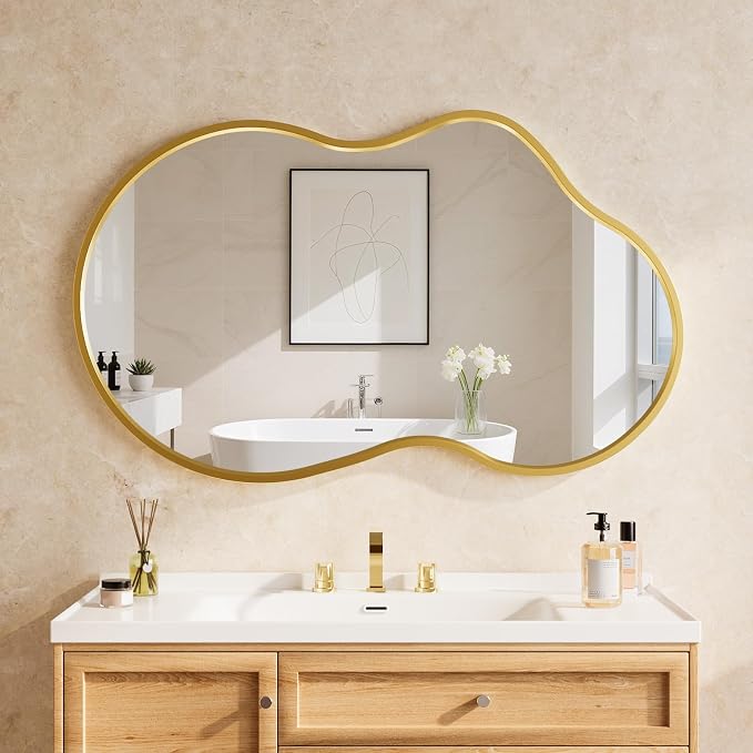 20”x 32” Gold Irregular Wall Mirror, Modern Bathroom Mirror, Aluminum Metal Framed, Wall Mirrors Decorative for Living Room Bedroom Entryway (Horizontal/Vertical)