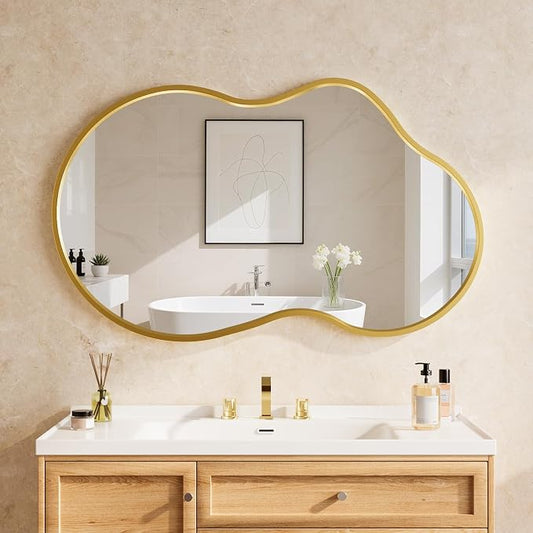 20”x 32” Gold Irregular Wall Mirror, Modern Bathroom Mirror, Aluminum Metal Framed, Wall Mirrors Decorative for Living Room Bedroom Entryway (Horizontal/Vertical)