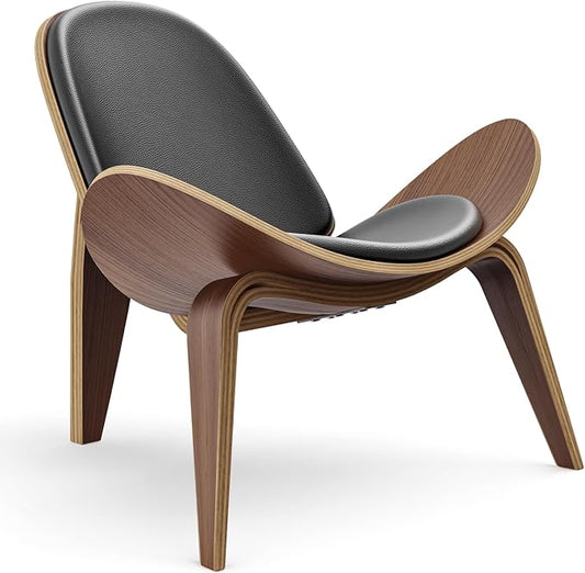 Mid Century Modern Shell Lounge Chair, PU Leather, Tripod Plywood Classic Design Solid Wood Accent Chairs for Living Room, Reading, Lounge, Office, Walnut