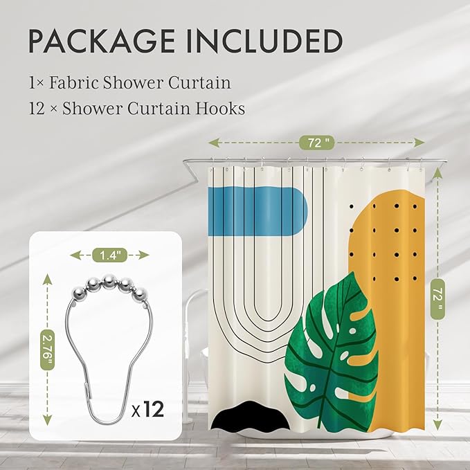 AmazerBath Boho Shower Curtain, Beige and Brown Abstract Cloth Shower Curtain with 12 Metal Hooks, Luxury Washable Farmhouse Polyester Fabric Bathroom Green Leaf Shower Curtain Set, 72x72 Inches