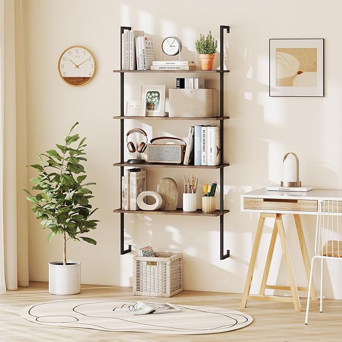 Tangkula 4-Tier Bookshelf, Wall-Mounted Open Bookcase with Metal Frame, Industrial Display Storage Ladder Shelf for Study, Living Room & Kitchen (2, Brown)