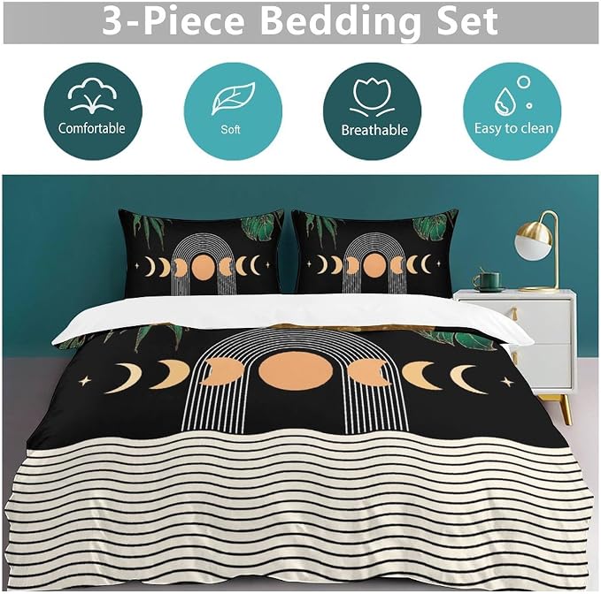 Mid Century Moon Phase Duvet Cover Sets Boho Modern Palm Leaves Arch Minimalist Printed Lightweight Soft Quilt Cover Soft Microfiber 3 Piece (1 Duvet Cover 68x86in + 2 Pillow Sham 20x30in)