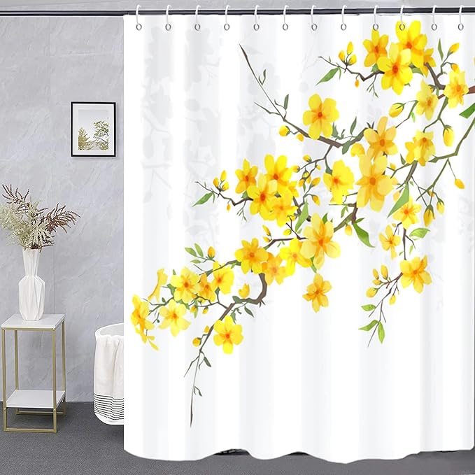 Yellow Floral Shower Curtain, Spring Flower Blossom Plant Botanical Waterproof Machine Washable with Hooks for Bathroom Bathtub 72x72