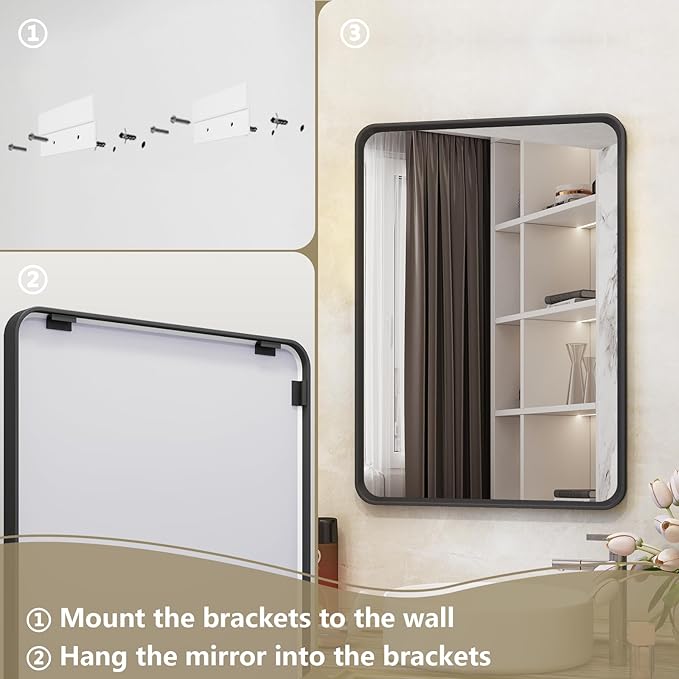 OKPAL 60X28 Inch Black Metal Framed Bathroom Mirror for Wall, Matte Black Bathroom Vanity Mirror, Large Rounded Rectangle Modern Mirror, Rustproof, Shatterproof (Horizontal/Vertical)