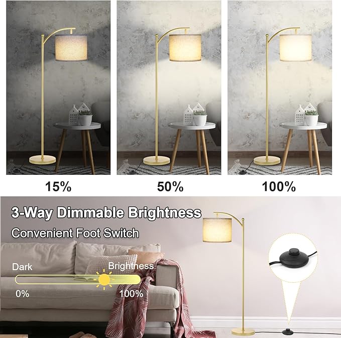 LALISU Floor Lamp for Living Room, Dimmable Floor Lamp with Foot-Step Switch Standing Lamp with Linen Shade Reading Lamp for Living Room Bedroom Office Dining Room, 9W Bulb Included (Gold)