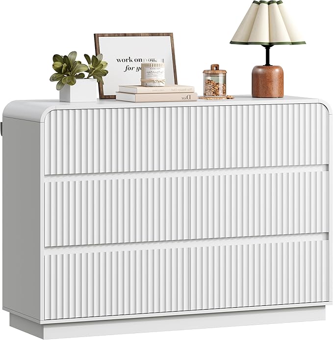 White Dresser Fluted 6 Drawers Dresser for Bedroom, 47" Wide Wood Chest of Drawers with Hidden Handles & Rounded Corners, Modern TV Stand Storage Cabinet for Living Room, Hallway, Entryway