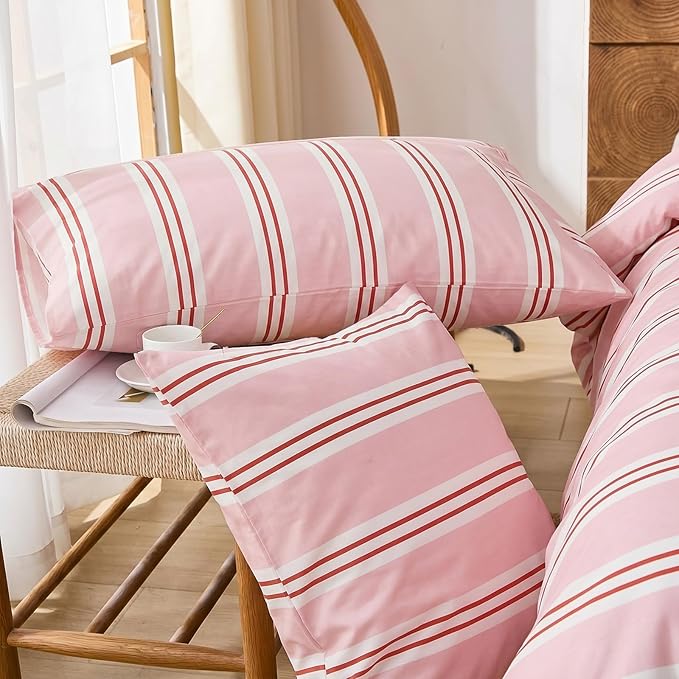 Merryword Striped Duvet Cover Set Queen Size - 100% Cotton Duvet Cover Set, Pink Ribbon Stripes Pattern Comforter Cover 3 Pieces, Soft Linen Like Bedding Set for All Seasons