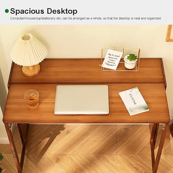 Solid Wood Folding Desk Walnut,Mid Century Modern Desk,Foldable Writing Computer Desk for Home Office,Study Desk with Storage Shelf for Small Spaces