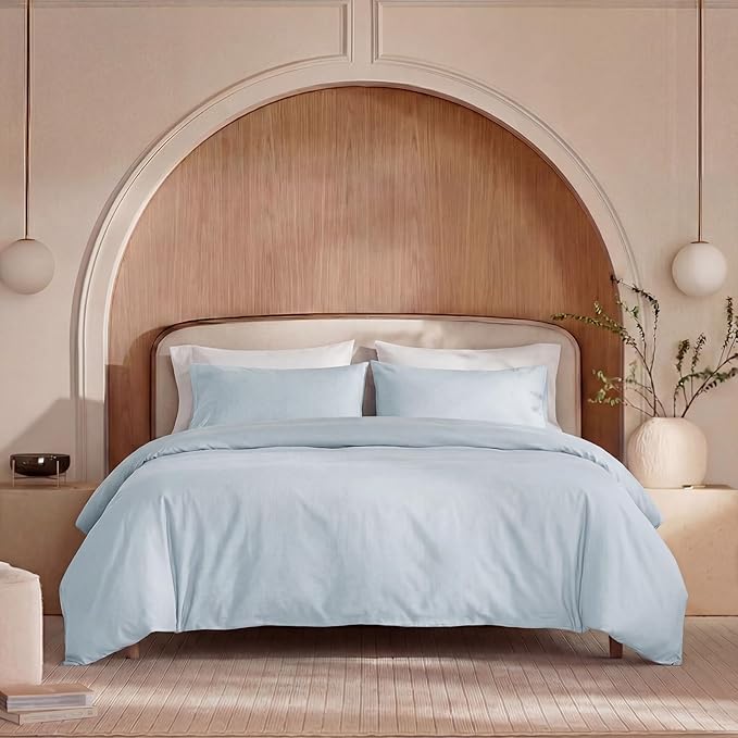 100% Washed Cotton Duvet Cover Queen Size – Light Blue, Linen-Like Texture, Super Soft & Breathable Bedding Set, 3-Piece Durable Percale Comforter Cover
