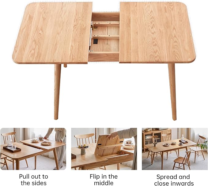 47’’-63’’ 100% Oak Extendable Dining Table and Chairs Set for 4, Solid Wood Folding Kitchen Table, Mid Century Modern Dinner Table for Kitchen, Living Room, Natural (47''-63''+4 Cushion Chairs-YC)