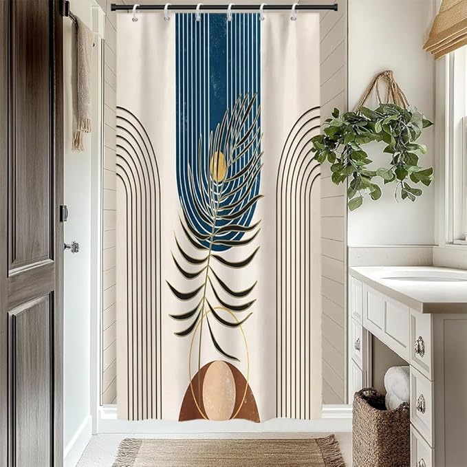 Mid Century Boho Shower Curtain for Bathroom Modern Abstract Minimalist Bathroom Decor Set Plant Leaves Arch Sun Bathtub Curtains Machine Washable Waterproof Polyester Fabric with Hooks 48x72 Inch