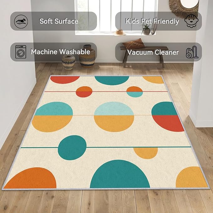 Mid Century Modern Rugs for Bedroom - Washable Colorful Retro Rugs for Living Room - 6x6 ft - Geometric Design Area Rug & Home Decor - Abstract MCM Indoor Carpet with Non Slip Backing