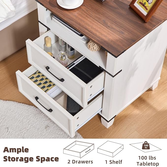 22" Nightstand, 2PCS Farmhouse Nightstand with 2 Drawers,Industrial Bedside Table with Open Shelf for Bedroom Living Room,Office Bed Side Tables Couch End Table,White