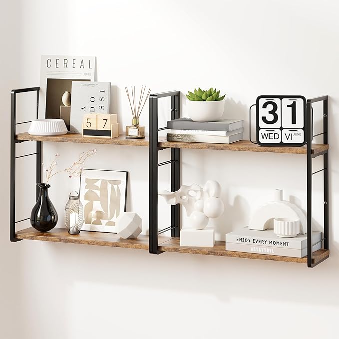 2-Layer Wall Bookshelf for Book Storage, Floating Book Shelves for Wall, Space Saver, 16in Stud Hanging Books helf, Bedside Shelf for Living Room Bedroom Office, 2 Packs-Dark Brown