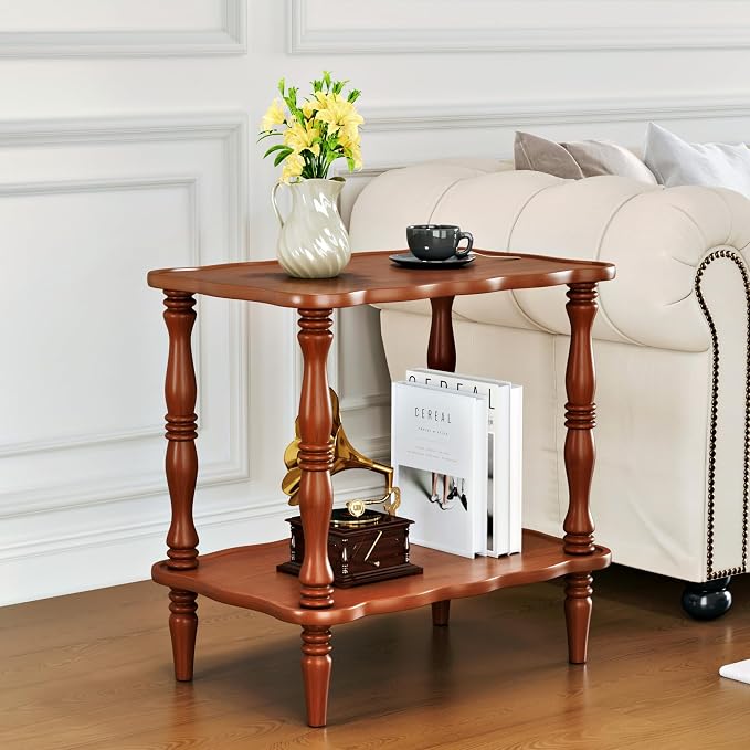 Solid Wood End Table Living Room - 23.6" H Small Narrow Rectangle Wooden End Table for Small Spaces, Dark Real Brown Solid Wood Vintage Antique Side Bedside Table Nightstand with 2-Tier Storage