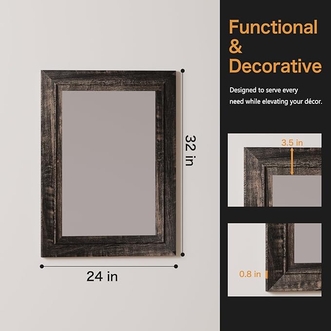 Rustic Wall-Mounted Vanity Mirror, Solid Wood Frame Bathroom Mirror, Farmhouse Style for Living Room, Bedroom, Entryway, Horizontal/Vertical Hanging