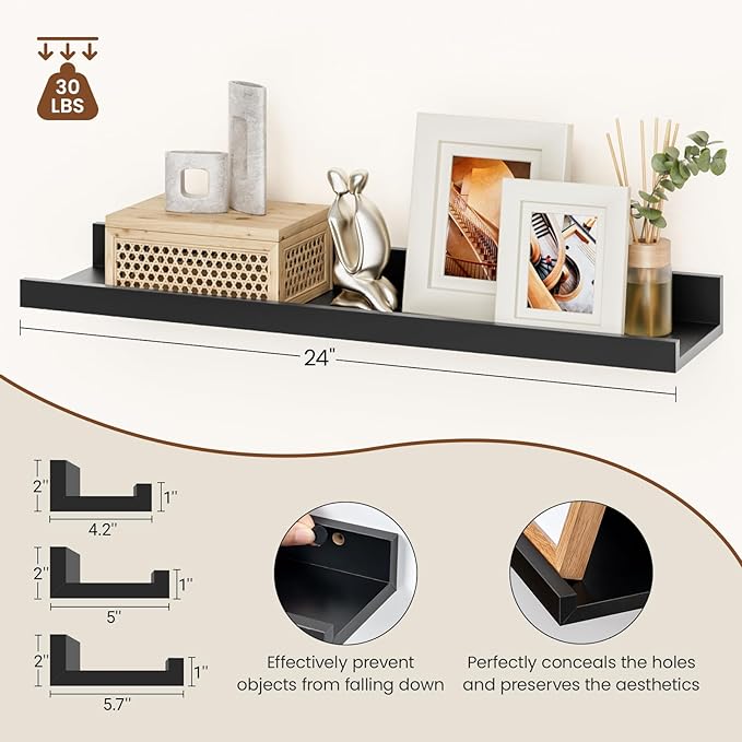 Heimlove 24 Inch Picture Ledge Shelf with Lip,Black Floating Shelves for Wall Set of 3,Wall Shelves in Varying Depths for Living Room,Bedroom,Nursery,Bookshelf