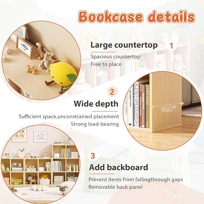 6 Cube Storage Organizer, Cubby Storage Organizer, Cube Shelf with Back Plate, Wooden Kids Bookcase for Toy, Solid Wood Cube Storage for Living Room/Bedroom/Hallway/School, Easy to Install