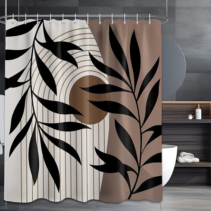 Brown Shower Curtain Boho Mid Century Dark Brown Shower Curtains for Bathroom Decor, Black and Tan Waterproof Cloth Fabric with Hooks, 60" W x 72" L