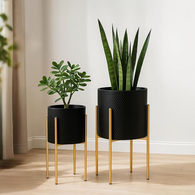 Decorative Flower Pots with Metal Stand for Home Decor - Modern Planters for Hallway, Entryway, and Living Room Decor - Indoor and Outdoor Pots for Plants - Set of 2, 23", 19", Black & Gold