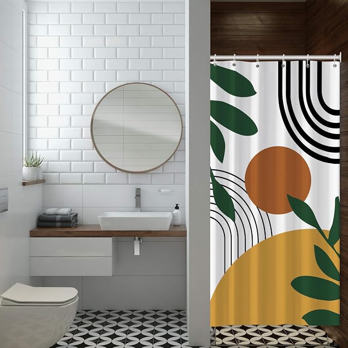 Boho Geometric Shower Curtain White Beige Mid Century Abstract Arch Curve Bathroom Curtain Minimalistic Sun Shower Curtain Sets for Bathroom Extra Long 36x72 in with 6 Hooks