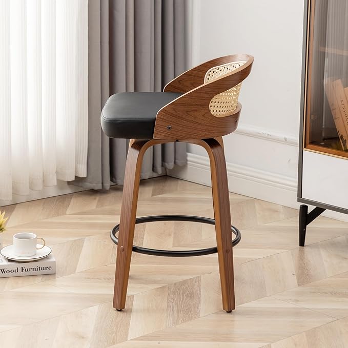 26" Swivel Rattan Bar Stools Set of 3,Mid-Century Modern Black Leather Upholstered Counter Height Stools,Kitchen Island Barstools with Rattan Low Backrest,Walnut Wood Finish Bar Chair