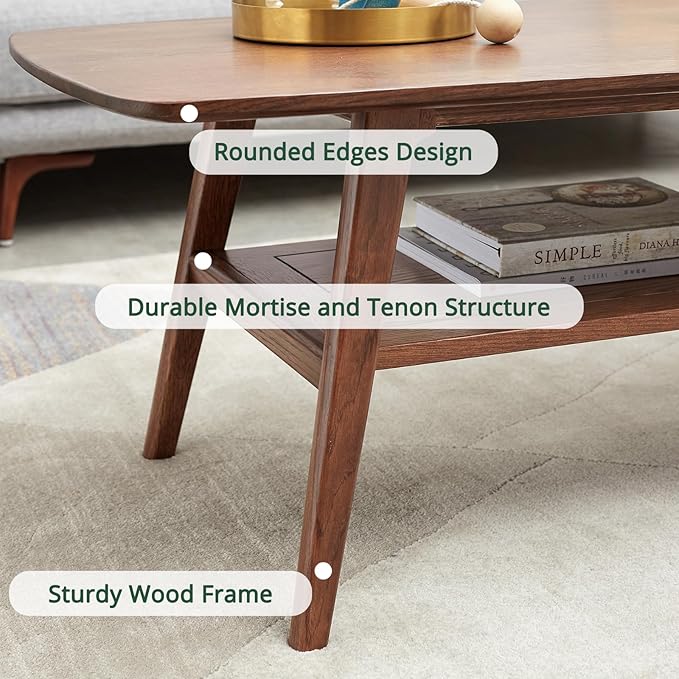 Mid Century Modern Coffee Table: 100% Solid Wood Coffee Table - 2-Tier Storage Design - Practical Coffee Tables for Living Room, Apartment, Easy Assembly (Walnut, 39.37")