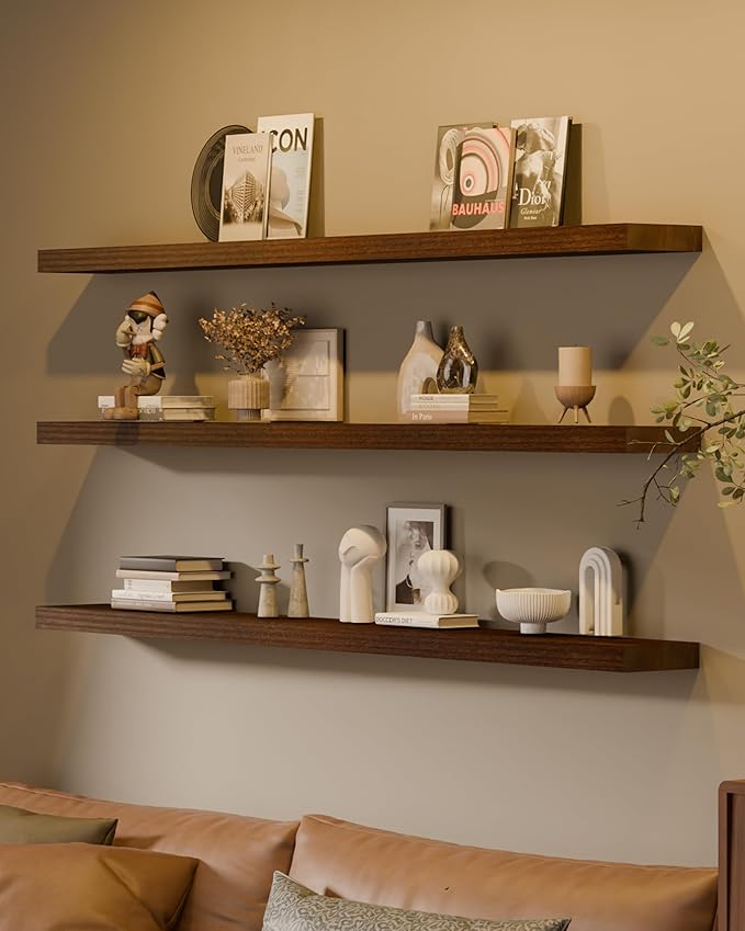 Floating Shelves for Wall, 72 Inch Extra Long Walnut Wall Shelves, Set of 3, Hanging Invisible Brackets Floating Shelves for Living Room,Bedroom,and Kitchen