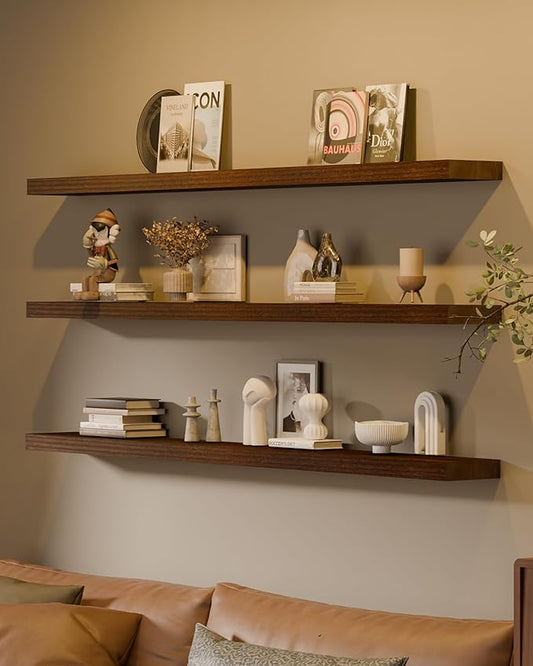 Floating Shelves for Wall, 72 Inch Extra Long Walnut Wall Shelves, Set of 3, Hanging Invisible Brackets Floating Shelves for Living Room,Bedroom,and Kitchen