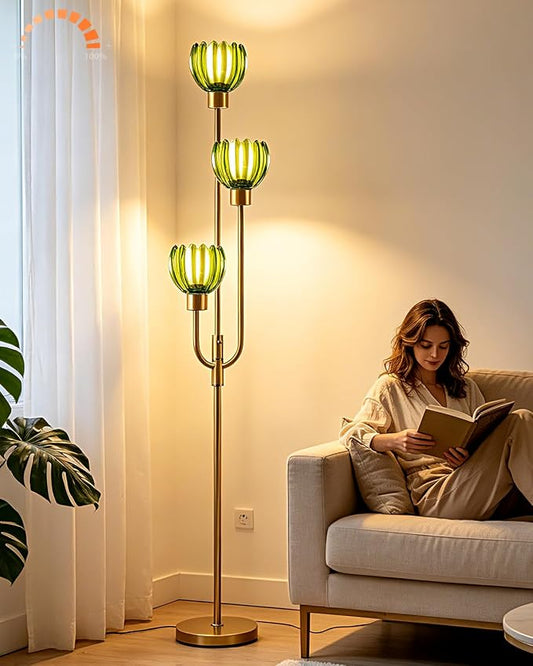 Lightdot 3-Lights Modern Glass Floor Lamp Gold Dimmable Floor Lamps with 3000K Warm White Bulbs for Wedding Party 66IN Tall Standing Lamp with Green Glass Shade for Living Room/Bedroom/Home Decor