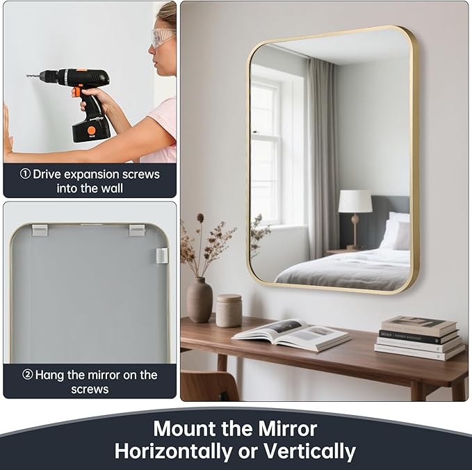 30x36 Inch Dark Matte Gold Bathroom Mirror for Wall，Framed Rectangle Mirror with Rounded Corner,Brushed Mirror for Bedroom or Living Room,Vertical or Horizontall
