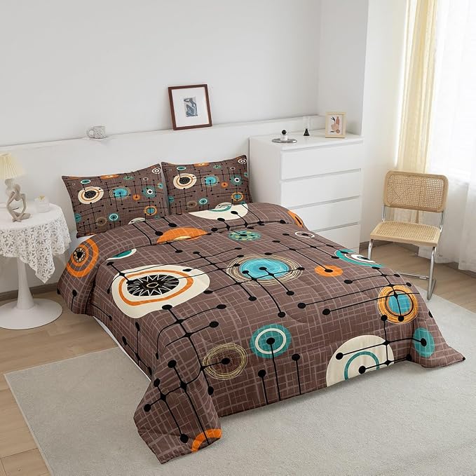 Geometric Grid Bedding Set Twin Brown Minimalism Comforter Set, Mid Century Duvet Insert Retro Atomic Quilt Comforter, Rainbow Circles Black Lines Bedding Comforters & Sets Abstract Room Decor