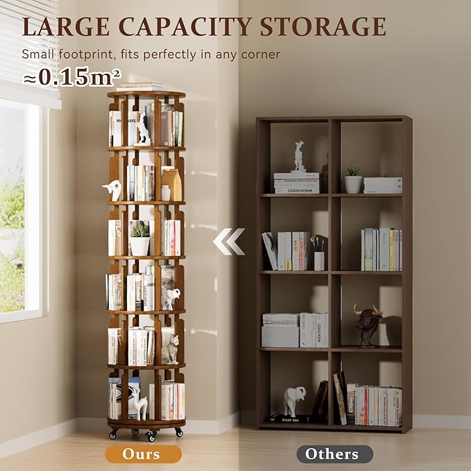 6 Tier Rotating Bookshelf Tower, 360° Spinning Bookcase with Wheels, Solid Wood Round Revolving Shelf for Living Room, Office, Small Spaces, Ergonomic Design for Kids & Adults