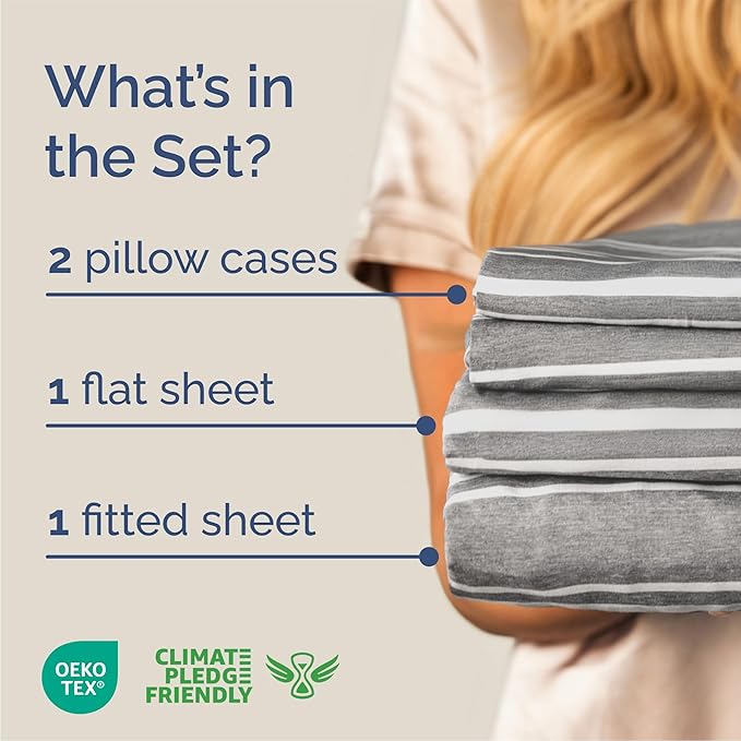 Queen Size 4 Piece Sheet Set - Comfy Breathable & Cooling Sheets - Hotel Luxury Bed Sheets for Women & Men - Deep Pockets, Easy-Fit, Soft & Wrinkle Free Sheets - Grey Stripes Oeko-Tex Bed Sheet Set
