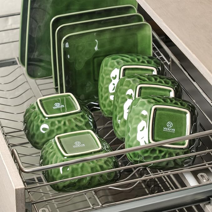 Vicrays Ceramic 24 Pieces Square Dinnerware Set - Dinner Plates Salad Plates Cereal Bowls Set Service for 8 - Scratch Resistant Microwave Oven Dishwasher Safe - Green