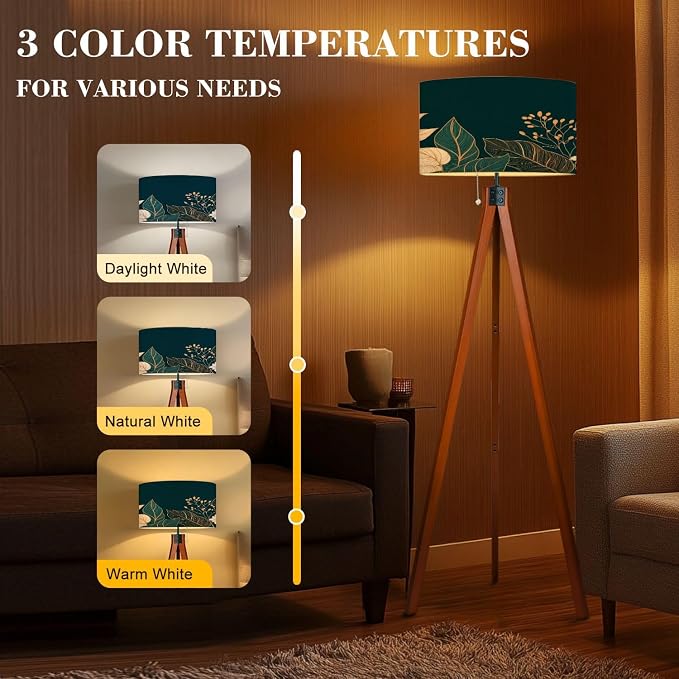 Wood Tripod Floor Lamp Leaves elegance luxury Symbol spring summer season Linear ornament Mid Century Standing Lamp Linen Shade Dimmable Modern Tall lamp Home Decor for Living Room Bedroom Office