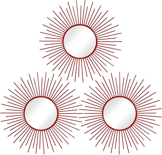 3 Pack Metal Mirrors for Wall Sunburst Wall Mirrors Home Décor Decorative Hanging Wall Art for Living Room Bedroom Entryway (Red, Sunburst)