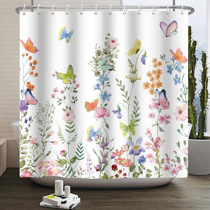 Spring Floral Butterfly Shower Curtain Summer Colorful Wildflowers Botanical Shower Curtain for Rustic Vintage Bathroom Decor Easter Shower Curtain Set 72x78 Inches