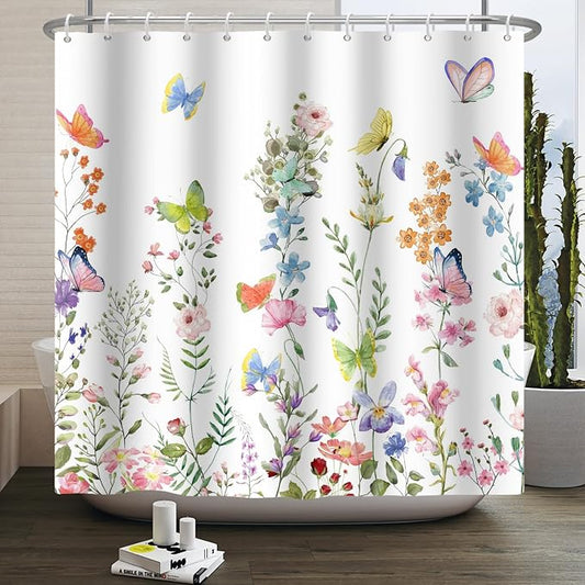 Spring Floral Butterfly Shower Curtain Summer Colorful Wildflowers Botanical Shower Curtain for Rustic Vintage Bathroom Decor Easter Shower Curtain Set 72x108 Inches