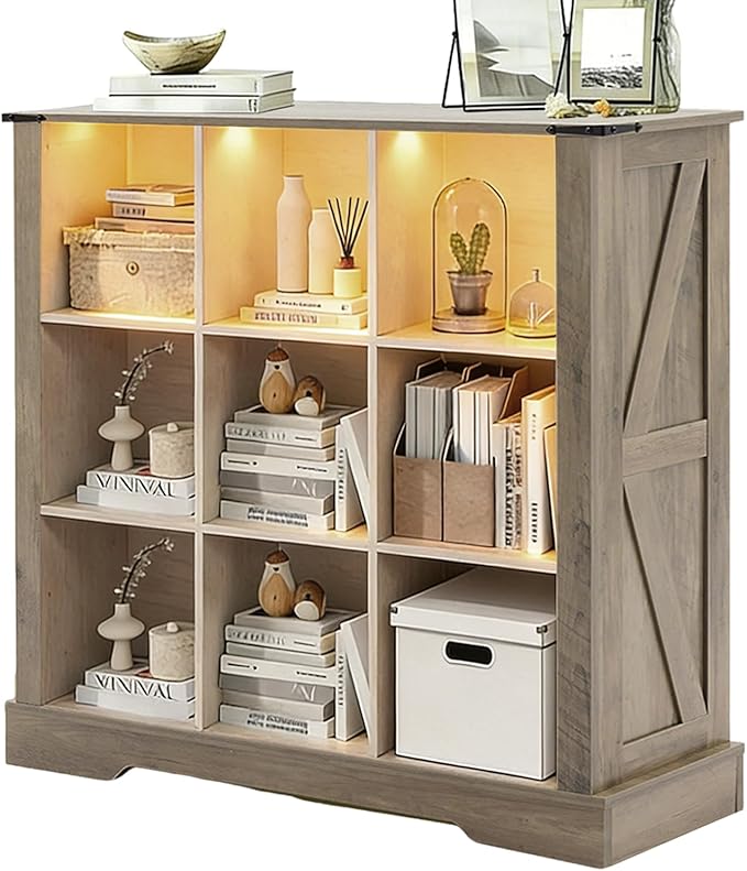 9 Cube Storage Organizer, 3 Tier Book Shelf with Led Lights, Farmhouse Book Shelves for Living Room, Horizontal Toy Storage Bookshelf, Wood Display Bookcase Cabinet for Bedroom, Office, Grey