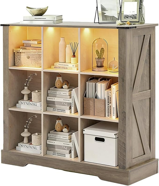 9 Cube Storage Organizer, 3 Tier Book Shelf with Led Lights, Farmhouse Book Shelves for Living Room, Horizontal Toy Storage Bookshelf, Wood Display Bookcase Cabinet for Bedroom, Office, Grey
