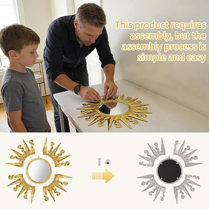 Golden Sun Wall Mirror Decorative 24 inch Metal Frame Mirror Sunburst Boho Mirror for Entryway Bedroom Living Room Bathroom House Warming Gifts New Home Essential