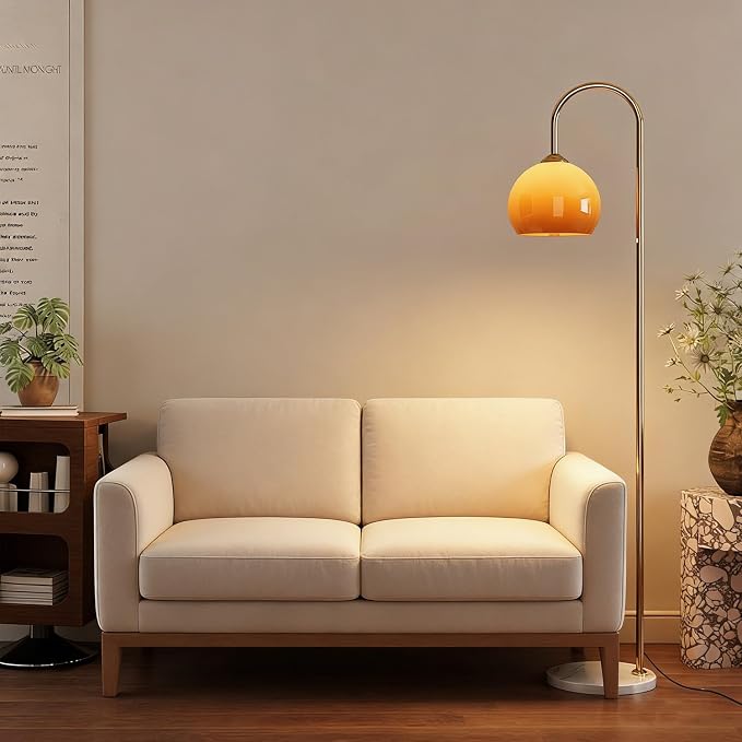 MIXL-Gradient Orange Shade Arc Floor Lamp,Gold Standing Light with Marble Base,Mid Century Modern Standing Lamps for Living Room Bedroom