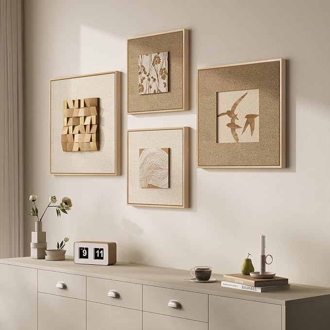 Large Framed 3D Neutral Wood Wall Art for Living Room, 4 Piece Textured Minimalist Abstract Paintings Artwork for Walls, Beige Brown Wooden Wall Decor for Hallway, Dining Room, Office