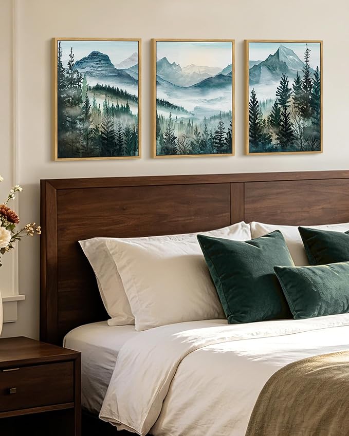 KUVIOKE Mountain Landscape Framed Wall Art Watercolor Nature Misty Forest Painting Vintage Farmhouse Rustic Wall Decor for Bedroom Hallway 12x16in (Natural Framed)